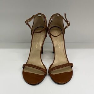 Stuart Weitzman Tan Braided Ankle-Strap High Heel Sandals